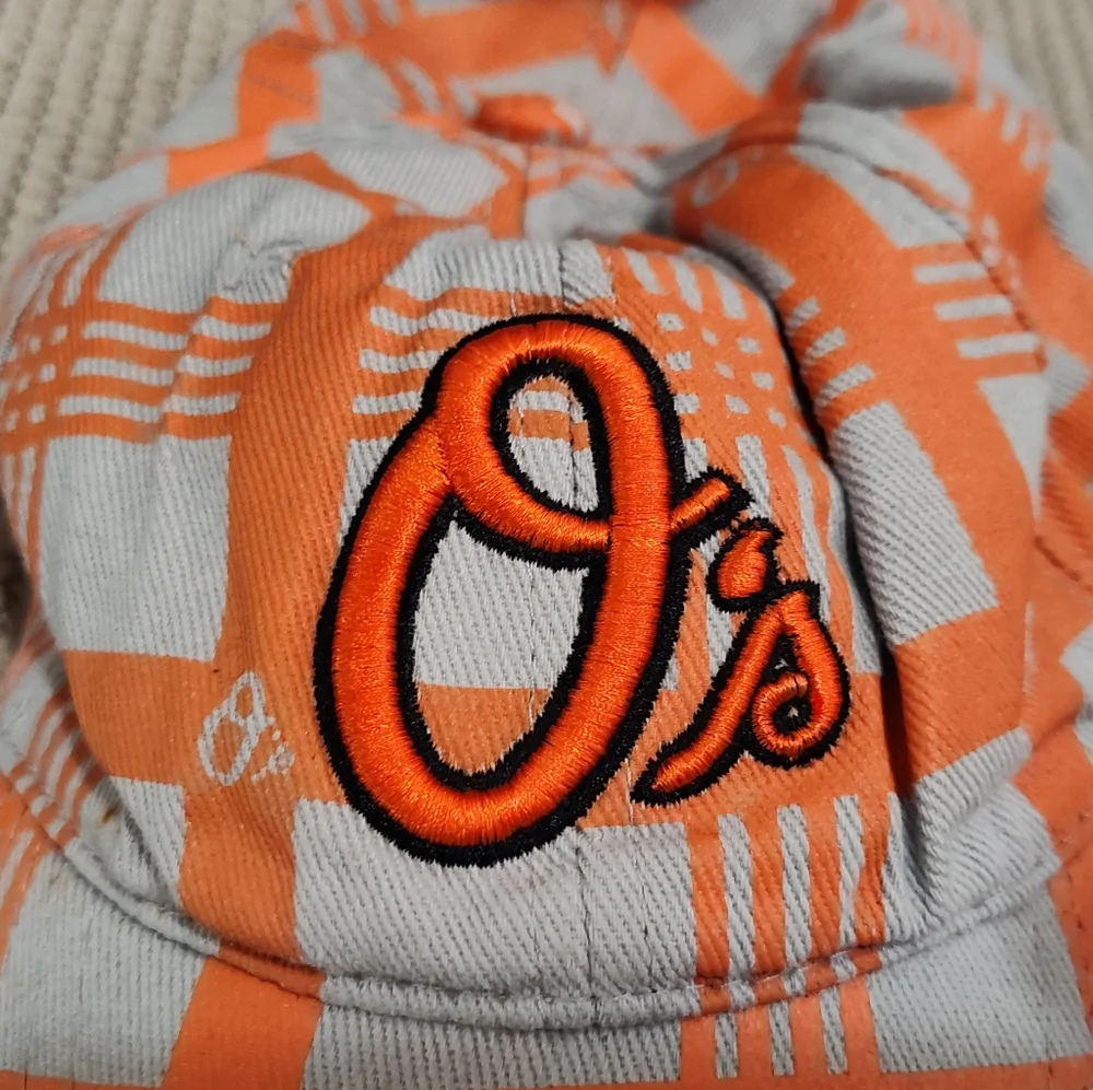 MLB Baltimore Oriole Baseball Cap, Orange and Grey Checkered Plaid Hat, OS - Picture 2 of 6